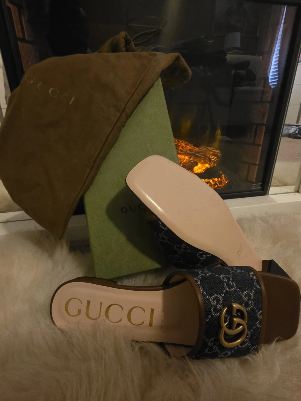 Gucci Brown Leather & Blue Monogram GG Slide Sandals with Gold Hardware